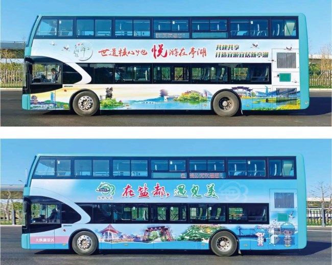 鹽城雙層觀光車身外車貼巴士廣告投放，鹽城公交車廣告價格